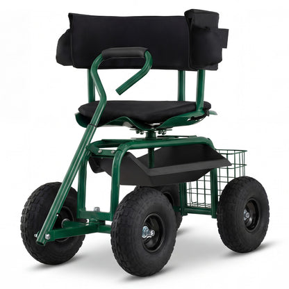 Cushioned Rolling Garden Cart Scooter, With Storage Basket And Tool Pouch, Green Garden Carts at Gallery Canada