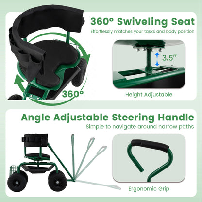 Cushioned Rolling Garden Cart Scooter, With Storage Basket And Tool Pouch, Green Garden Carts at Gallery Canada