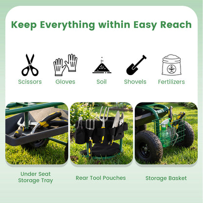 Cushioned Rolling Garden Cart Scooter, With Storage Basket And Tool Pouch, Green Garden Carts at Gallery Canada