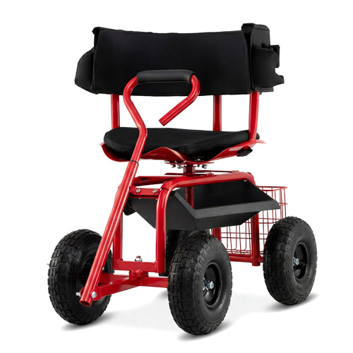 Cushioned Rolling Garden Cart Scooter With Storage Basket, Tool Pouch, Red, Black