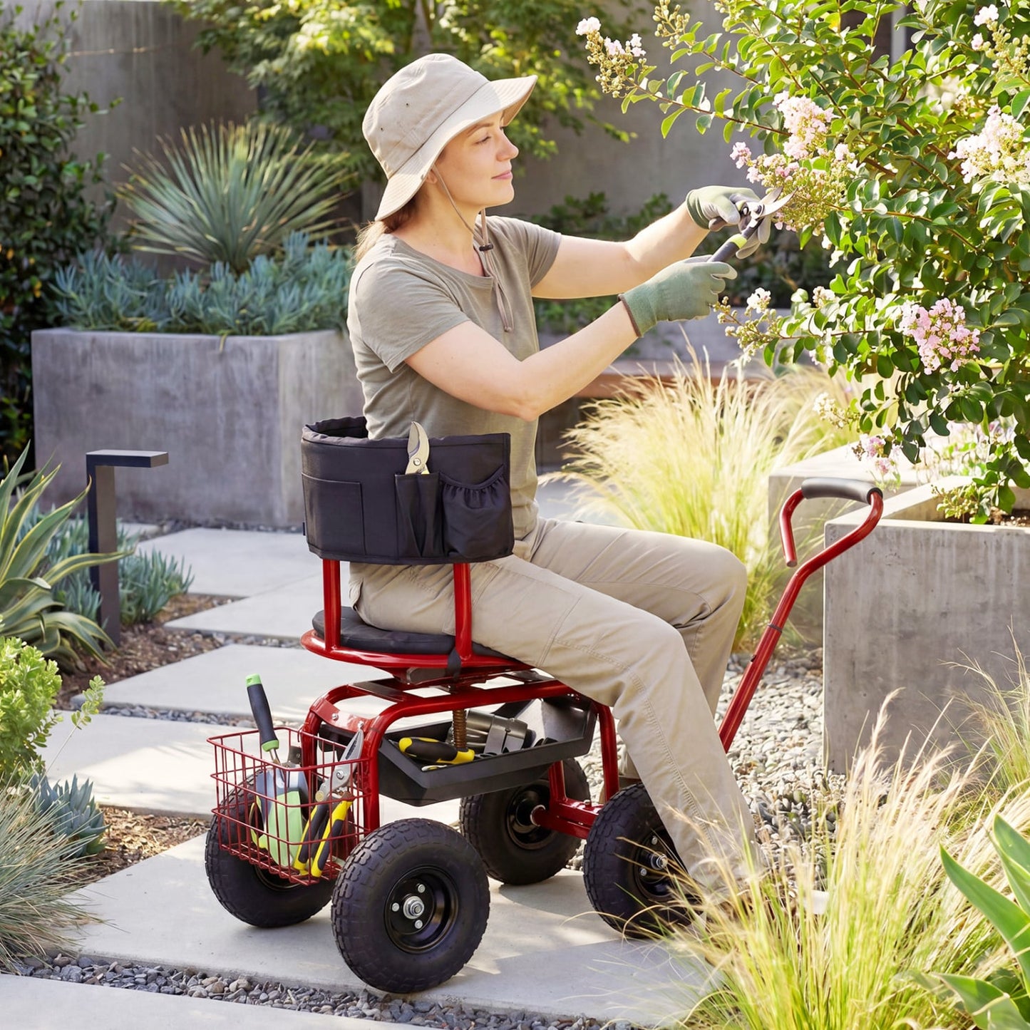 Cushioned Rolling Garden Cart Scooter With Storage Basket, Tool Pouch, Red, Black Garden Carts at Gallery Canada