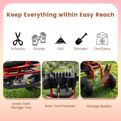 Cushioned Rolling Garden Cart Scooter With Storage Basket, Tool Pouch, Red, Black Garden Carts at Gallery Canada