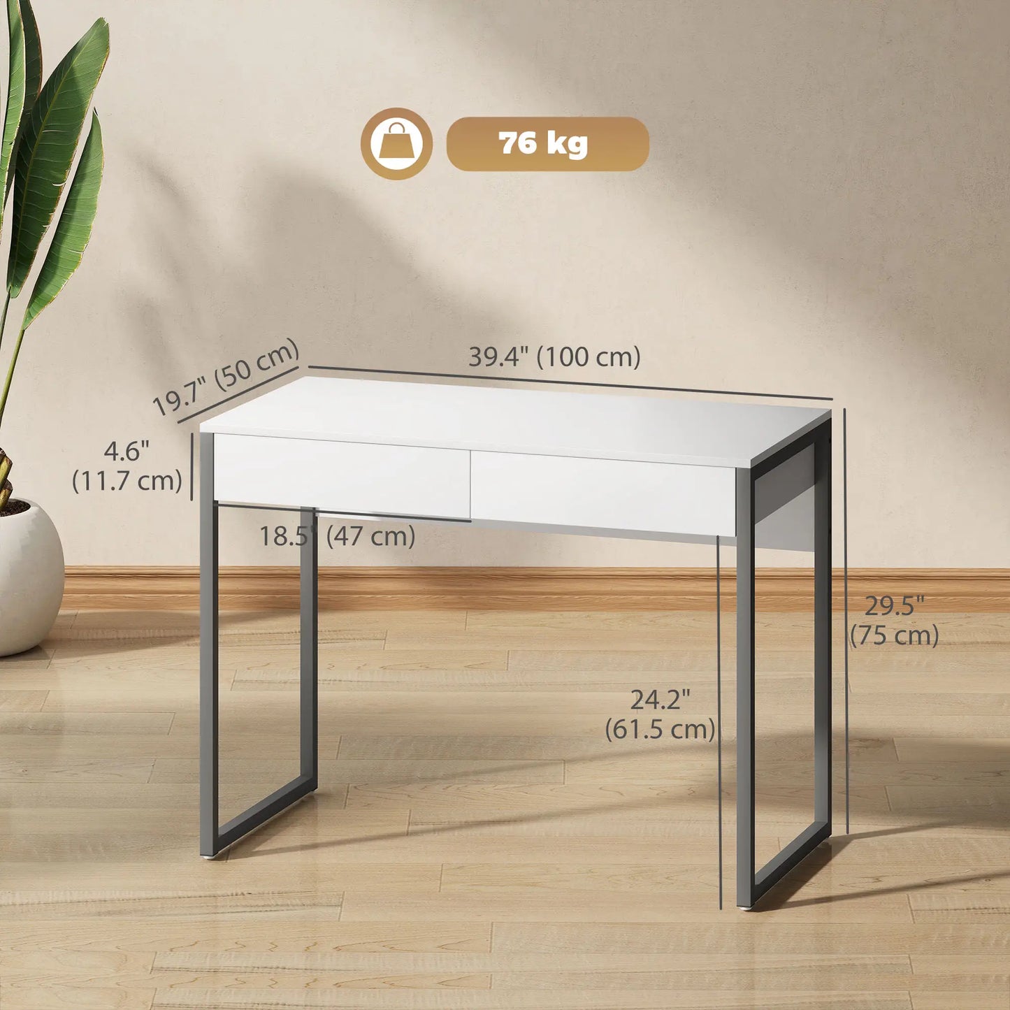 39" x 20" Computer Desk, 2 Drawers, High Gloss, White and Grey Computer Desks at Gallery Canada