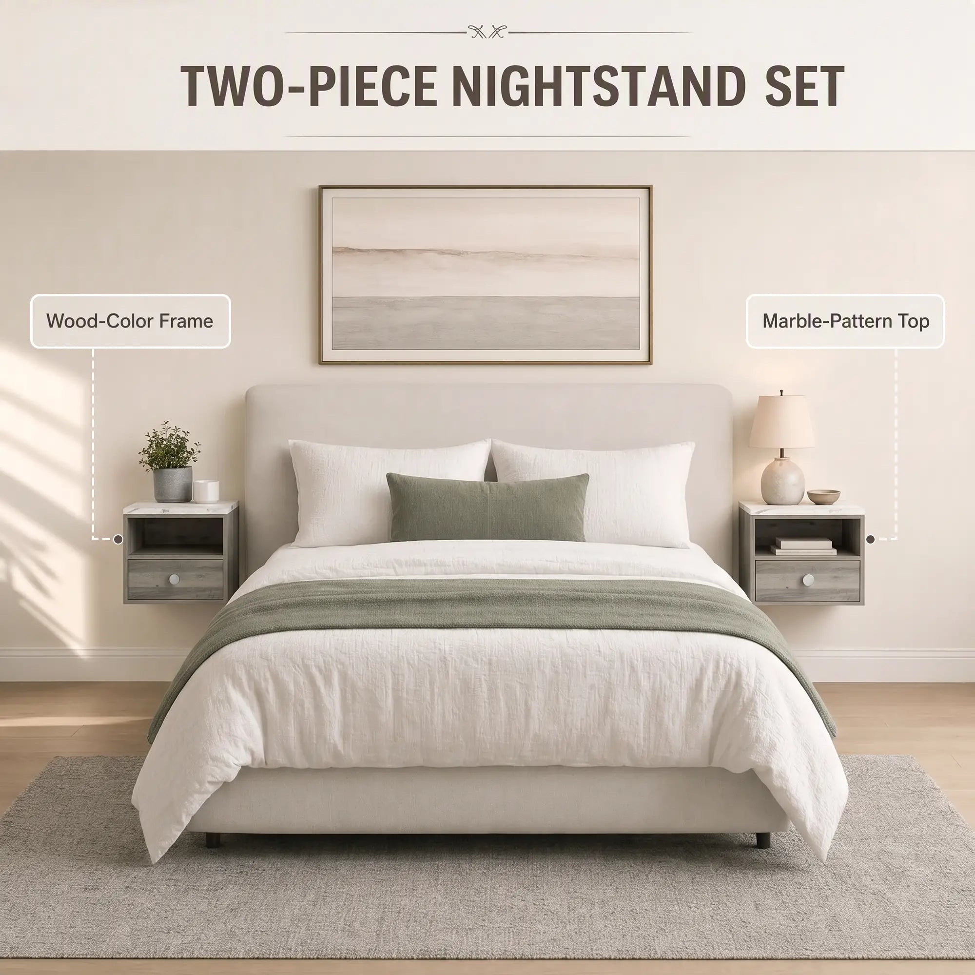 Floating Nightstands Set of 2, Drawer, Marble Top, Natural Bedside Tables at Gallery Canada