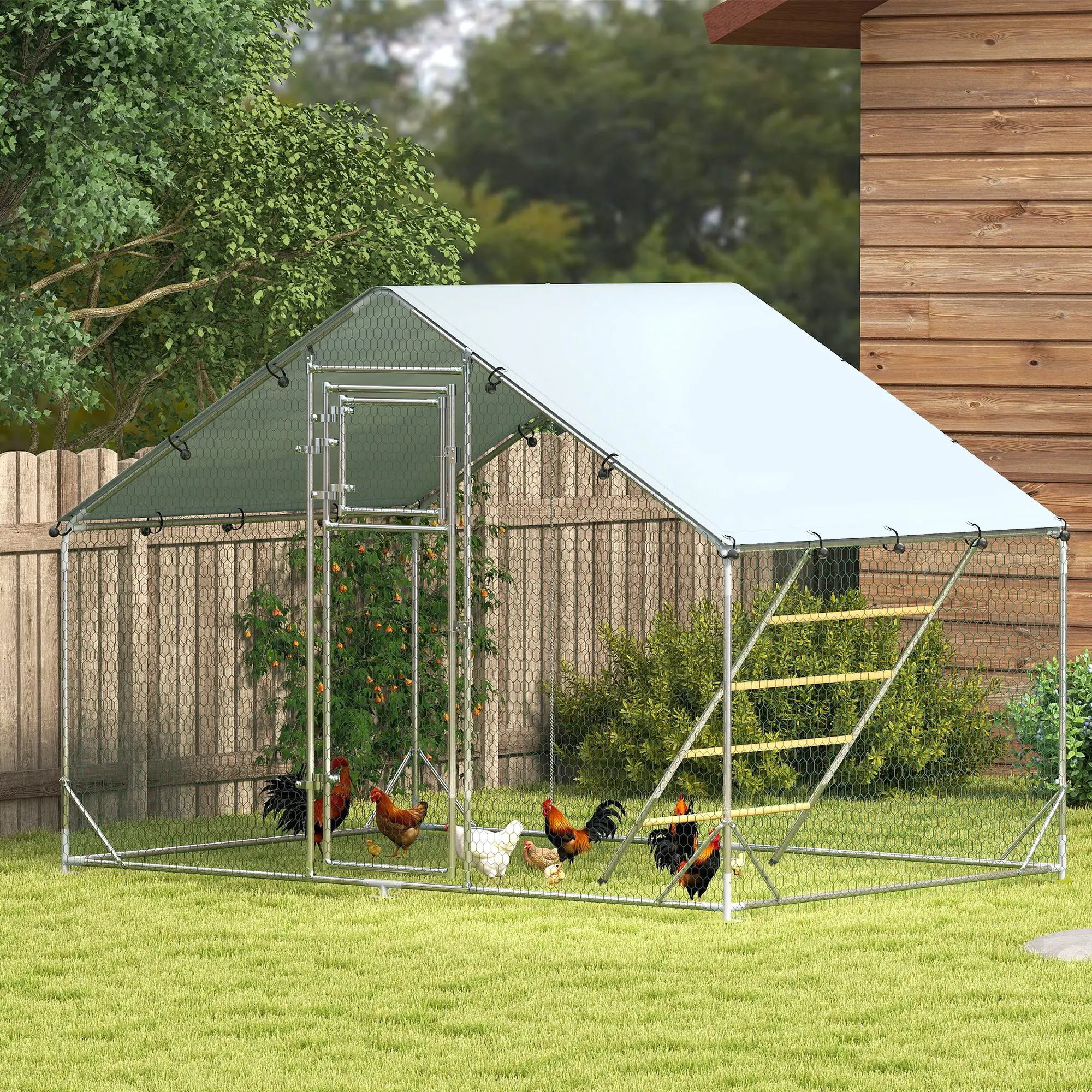 Large Metal Chicken Run, Waterproof UV-Resistant Cover, Feeding Door, Hanging Feeder, Perch for 6-8 Chickens Chicken Coops at Gallery Canada