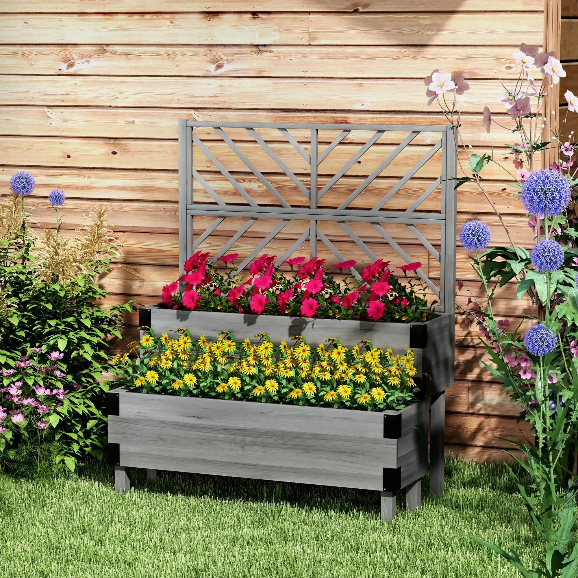 Raised Garden Bed with Trellis, 2 Tier Wooden Planter Box, Grey Elevated Garden Beds at Gallery Canada