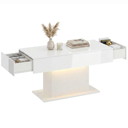 LED Coffee Table with Storage, High Gloss Modern Center Table with 2 Drawers and Remote Control for Living Room, White Coffee Tables at Gallery Canada
