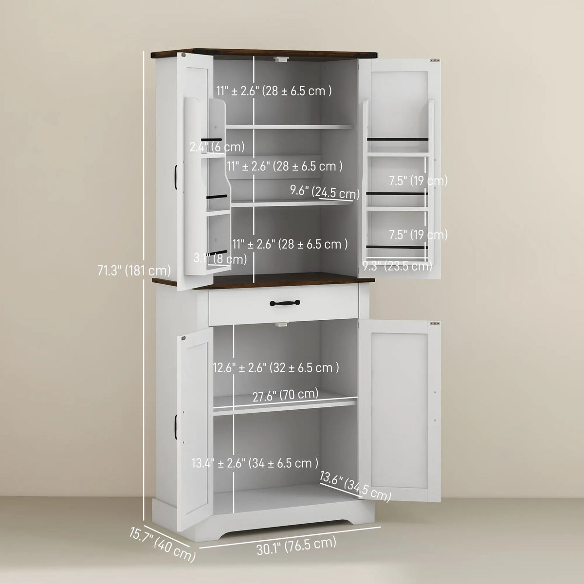 71" Tall Kitchen Cabinet, Farmhouse Pantry with Barn Doors, White Kitchen Pantry Cabinets at Gallery Canada