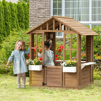 Kids Wooden Playhouse, Outdoor Cottage with Flower Pot Holder, Brown Play Houses at Gallery Canada