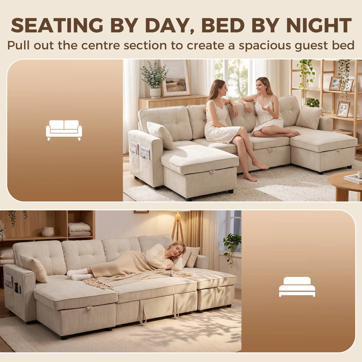 U Shaped Sectional Sofa Bed, 113" Pull Out Sleeper, Beige 3-Seater Sofas at Gallery Canada