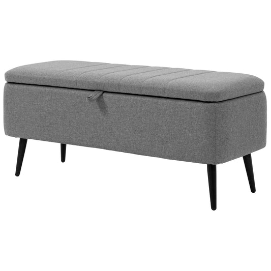 40" Ottoman with Storage, Linen Upholstered Bench, Steel Legs, Grey Storage Ottomans & Benches Grey at Gallery Canada