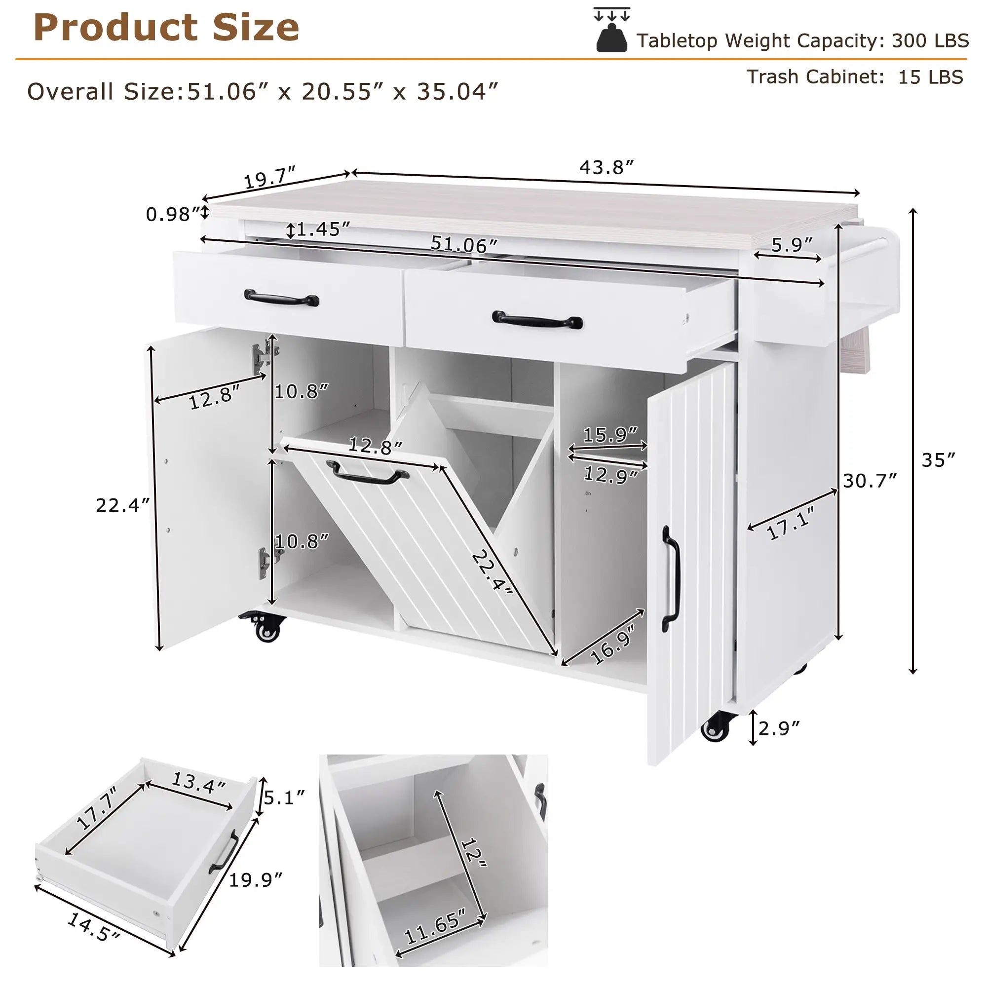 Kitchen Island with Tilt-Out Trash Cabinet, Adjustable Shelf, 51