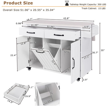 Kitchen Island with Tilt-Out Trash Cabinet, Adjustable Shelf, 51" L x 20" W x 35" H, White Kitchen Islands & Kitchen Carts at Gallery Canada