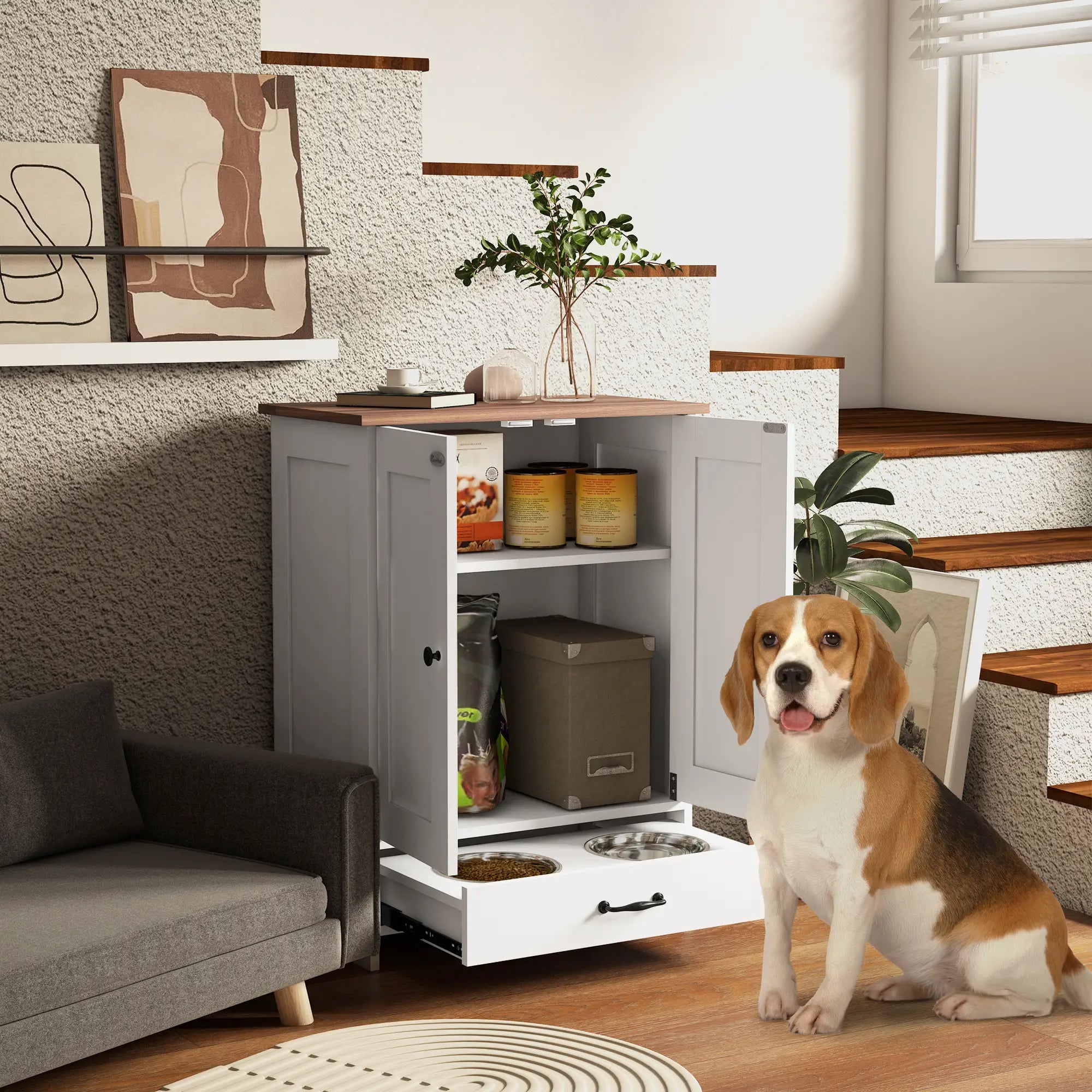 Dog Food Storage Container, Adjustable Panel, Hooks, Medium Size, White Dog Bowls at Gallery Canada
