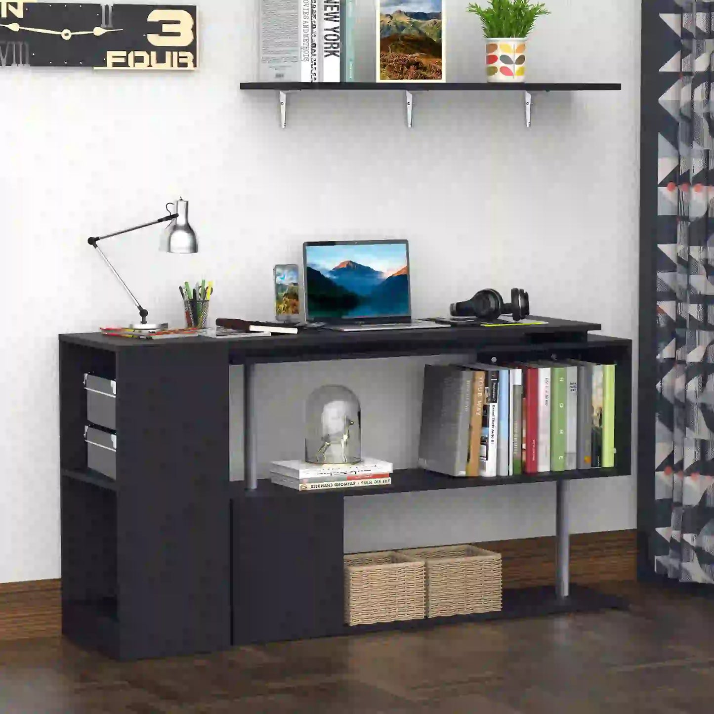 55" Corner Computer Desk, 360° Rotating L-Shaped, Black Computer Desks at Gallery Canada