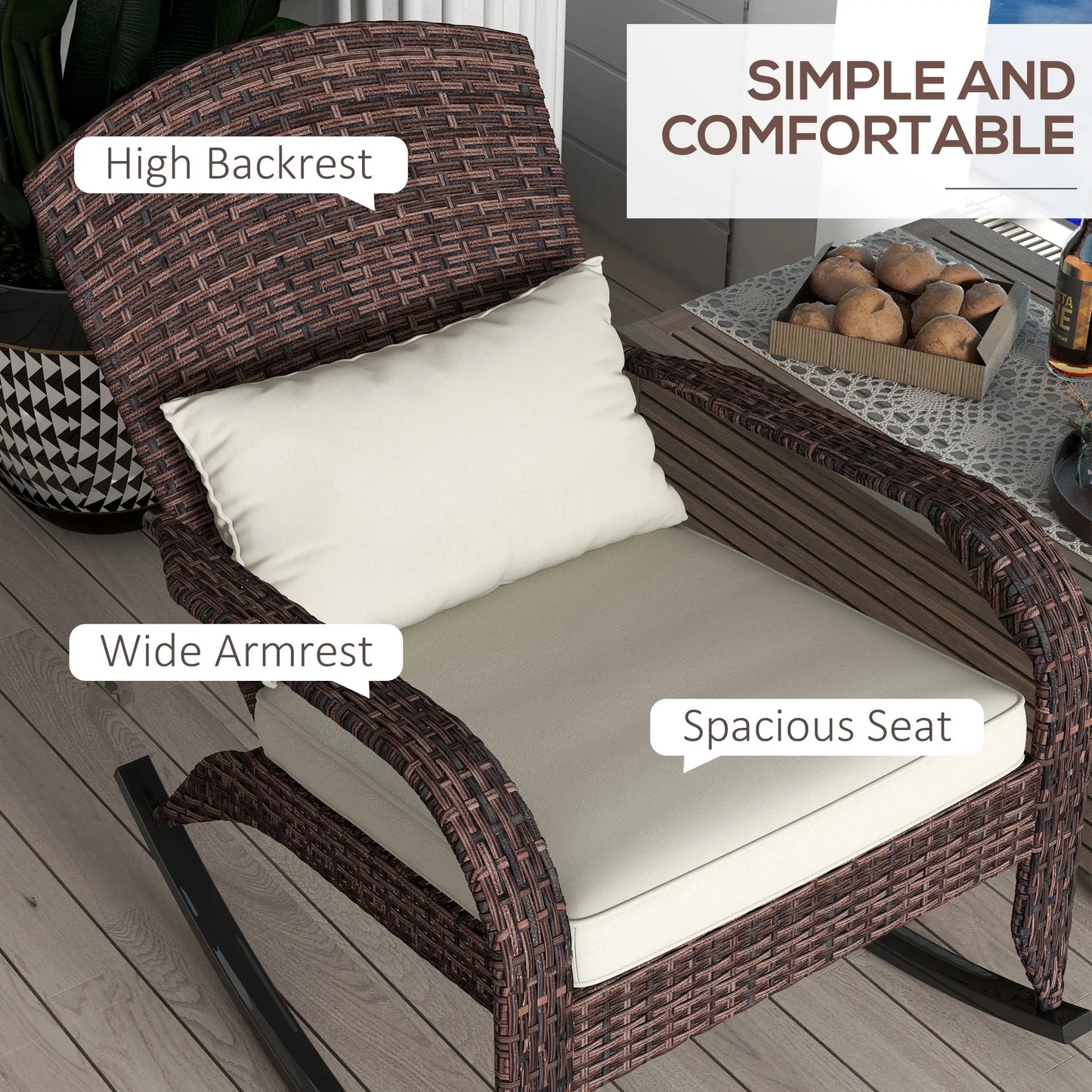 Outdoor Wicker Rocking Chair, High Back, Seat Cushion, Cream/Brown Outdoor Rocking Chairs at Gallery Canada