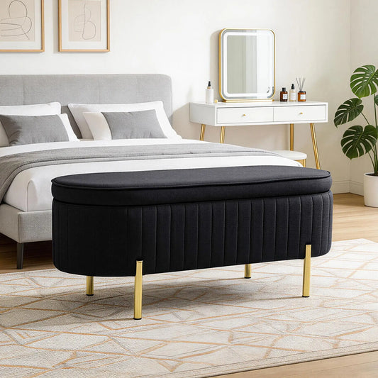 Upholstered Bedroom Bench, Channel Tufted Ottoman, Black Storage Ottomans & Benches Black at Gallery Canada
