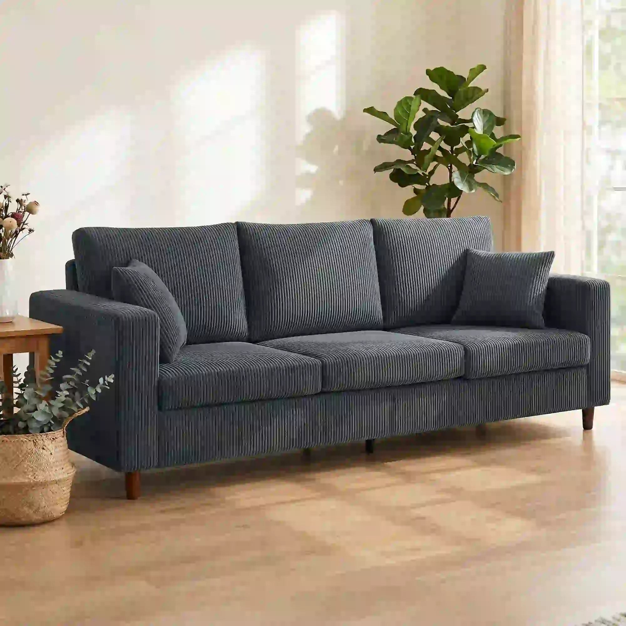 3-Seater Corduroy Sofa with Deep Seat, Dark Grey 3-Seater Sofas at Gallery Canada