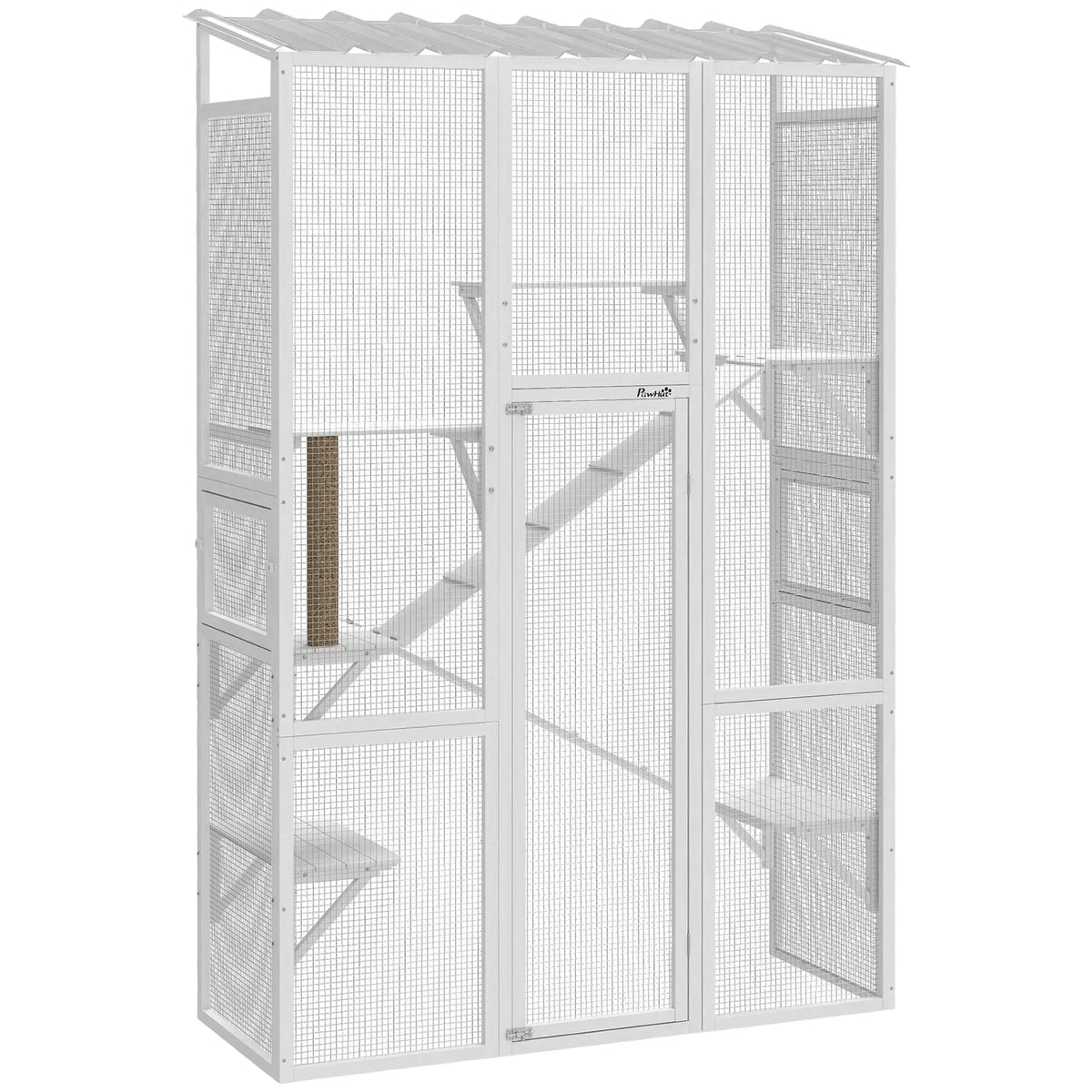 Wooden Catio Outdoor Cat Enclosure, 6 Platforms, Scratching Post, 2 Ramps, Waterproof Roof, White Outdoor Cat Enclosures at Gallery Canada