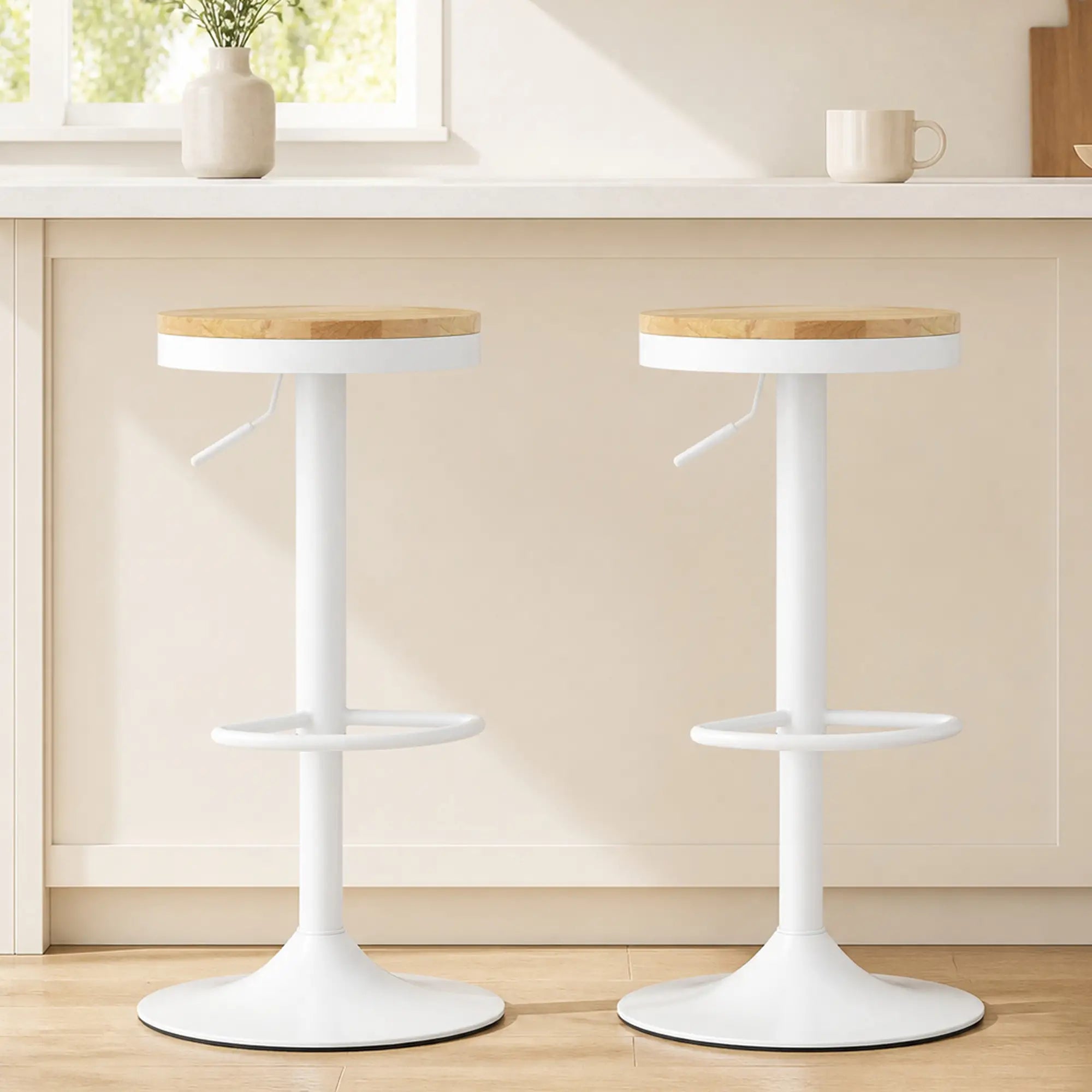 Swivel Bar Stools Set of 2, Adjustable Height, Natural Wood, White Bar Stools at Gallery Canada