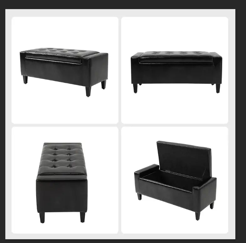 Storage Ottoman Bench, PU Leather Upholstered, Tufted Design, Black Storage Ottomans & Benches at Gallery Canada