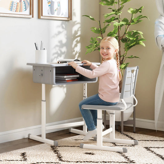 Kids Desk And Chair Set, Height Adjustable, With Drawer, Grey Kids Desk Sets Grey, White at Gallery Canada