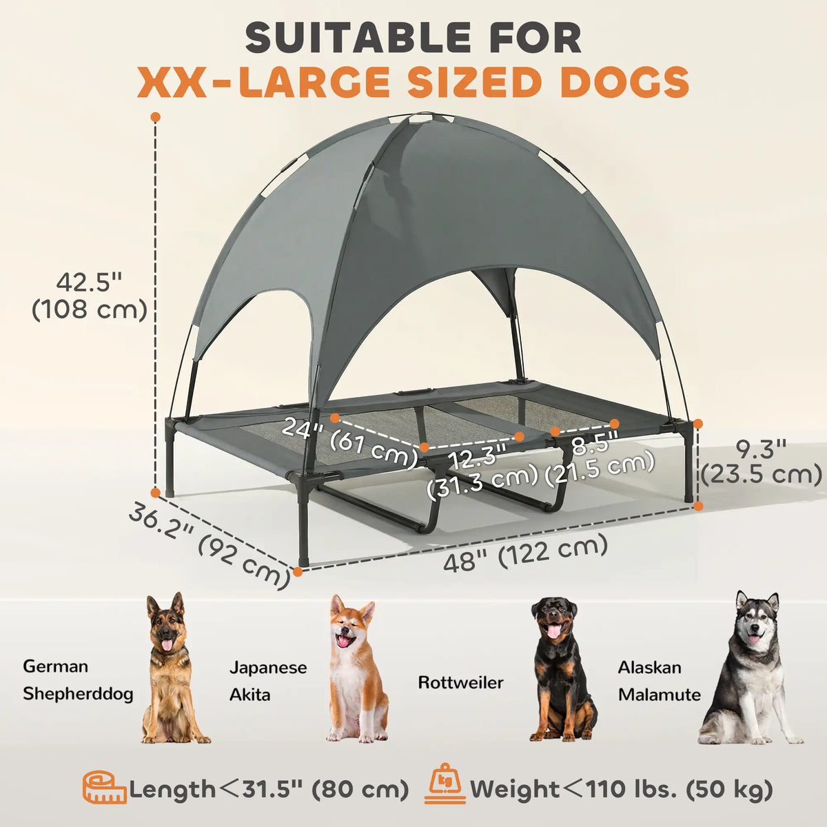 Elevated Dog Bed with Canopy, Portable XL Dog Cot, 48" x 36" x 43", Grey Elevated Dog Beds at Gallery Canada