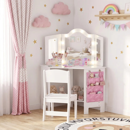 Kids Vanity Table and Chair Set with Lights, Tri-Fold Mirror, White Kids Bedroom Furniture at Gallery Canada