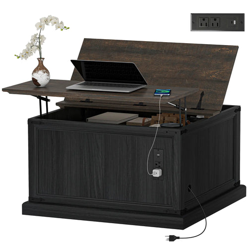 Lift Top Coffee Table, Square Farmhouse Center Table, Wood Grain, Black