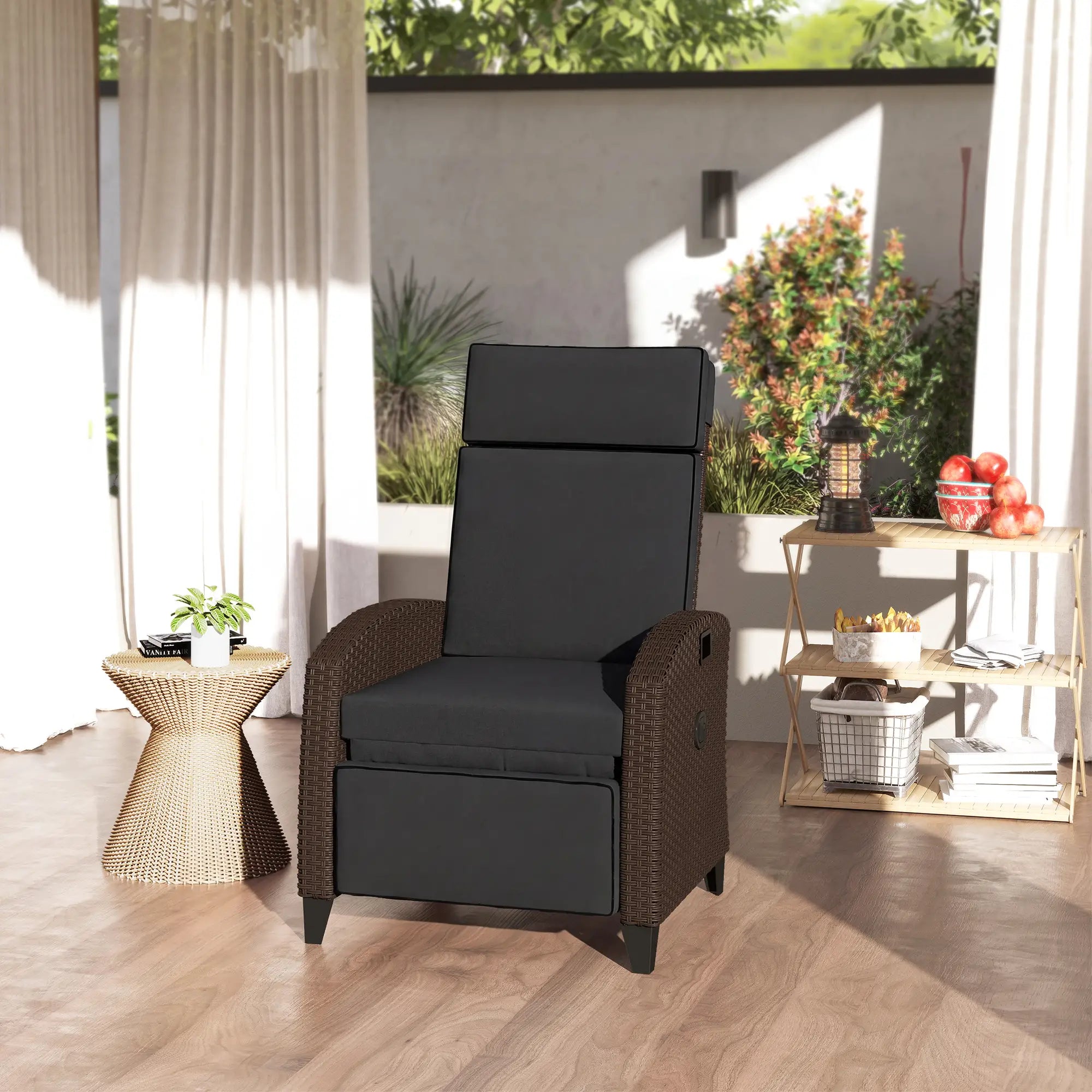 Outdoor Recliner Chair, Adjustable Backrest, Cushion, Side Tray, Black Wicker Chaise Loungers at Gallery Canada
