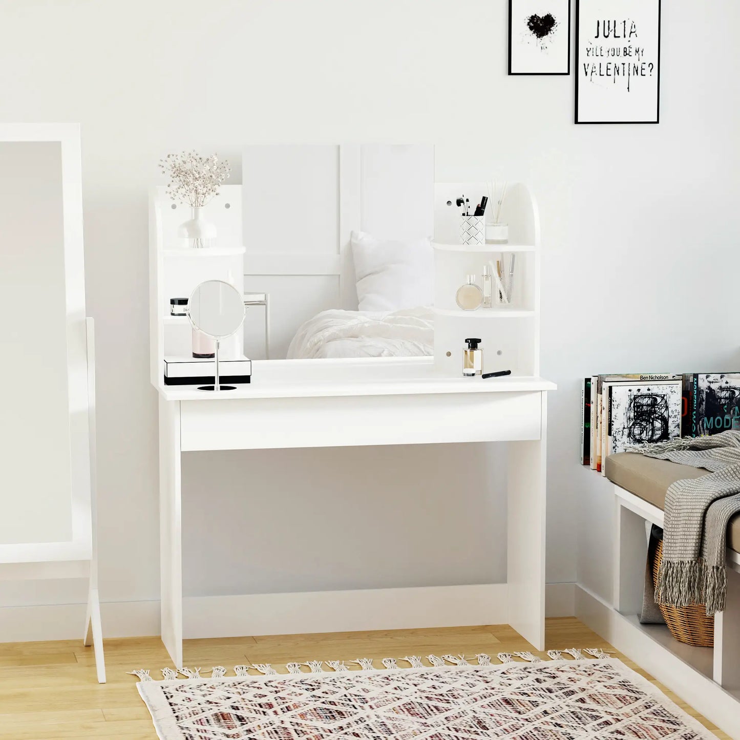 Wood Dressing Table With Makeup Mirror, Big Drawers, Open Shelf, White Dressing & Vanity Tables at Gallery Canada