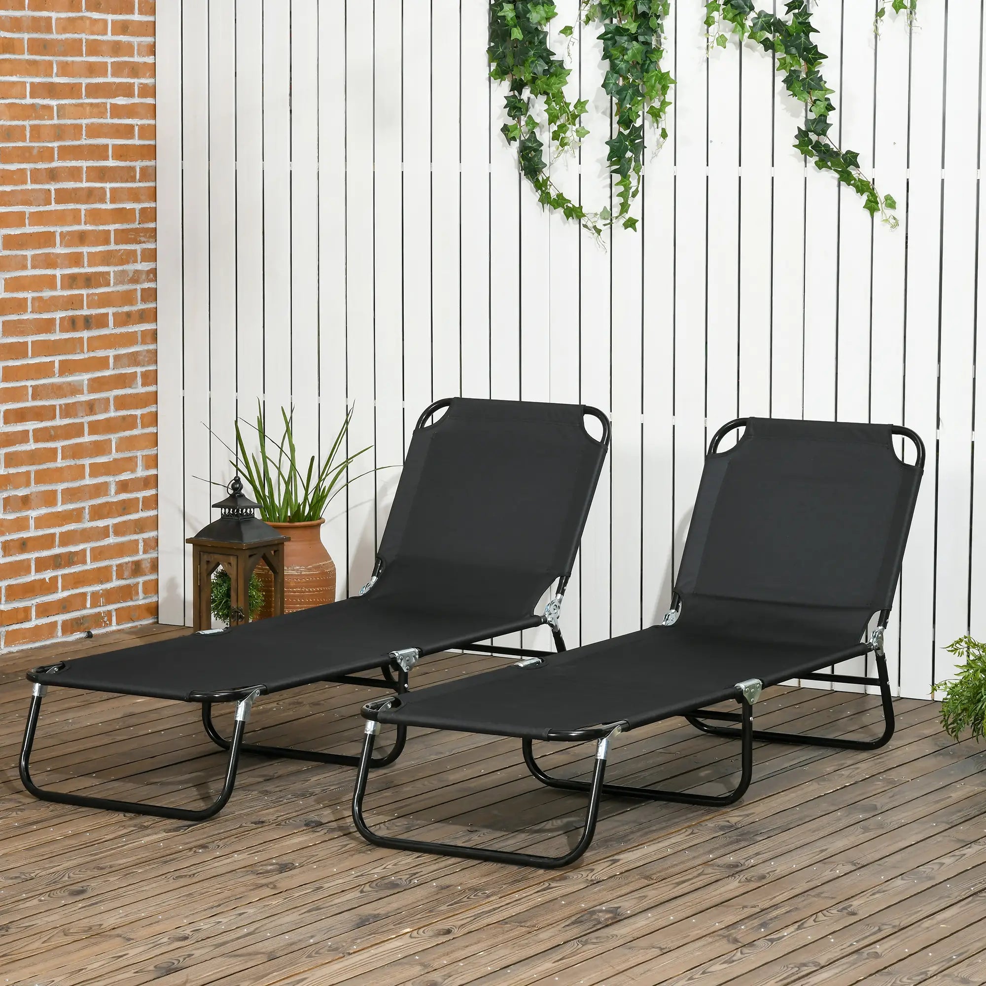 Set of 2 Folding Outdoor Lounge Chairs, Reclining Back, Breathable Mesh, Black Lounger Chairs at Gallery Canada