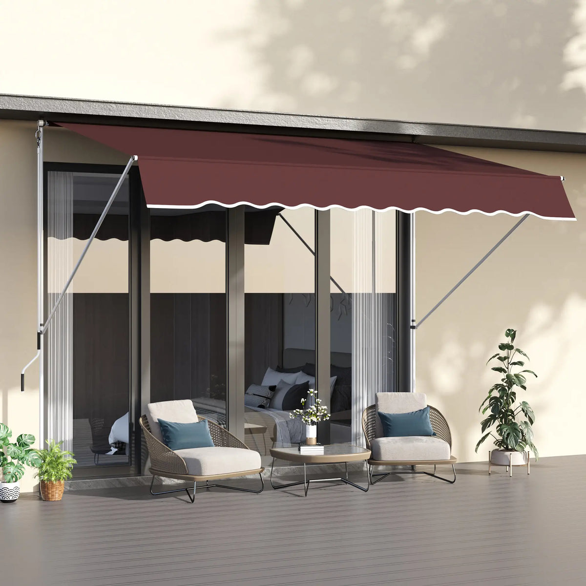 10x5ft Manual Retractable Patio Awning, 5.6-9.2ft Pole, Wine Red