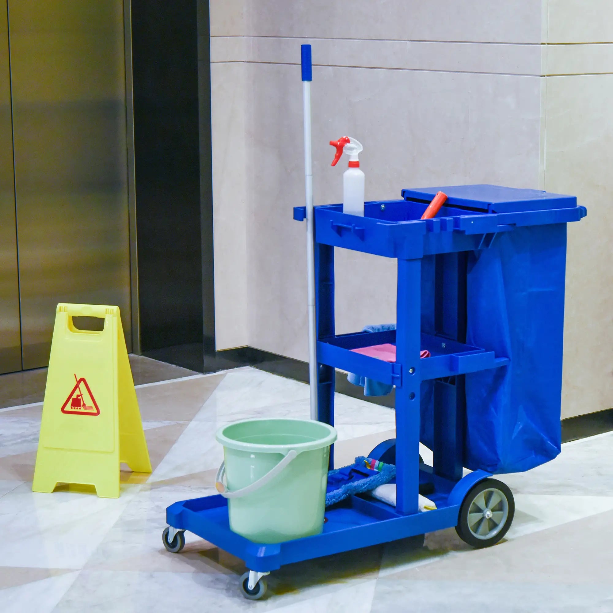 Commercial Janitorial Cart, 3 Tier Shelves, Cleaning Trolley, Rubbish Bag, Mop Mount, Blue Household Supplies at Gallery Canada
