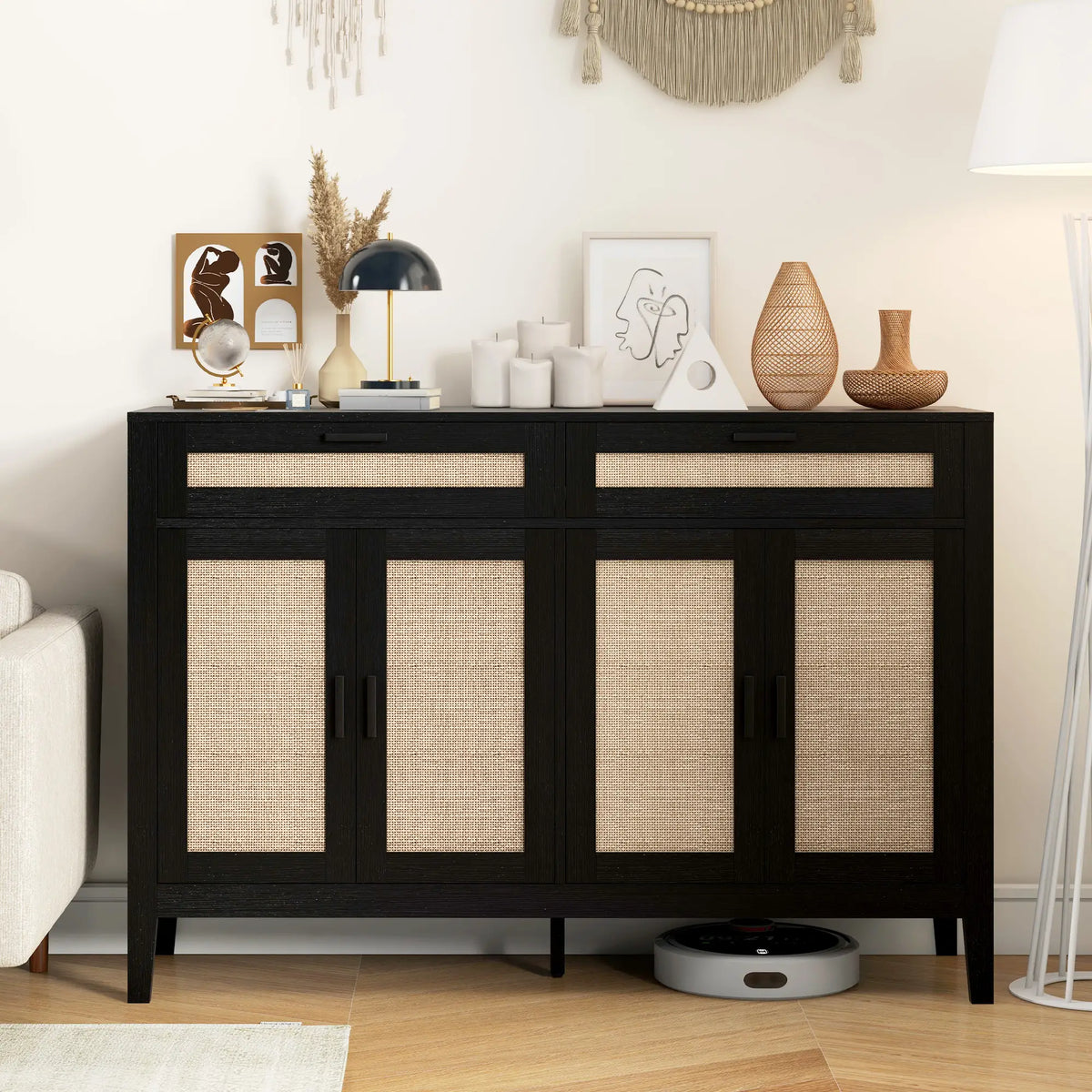 Boho Kitchen Sideboard Cabinet, Rattan Doors, Dining Room, Black Storage Cabinets at Gallery Canada
