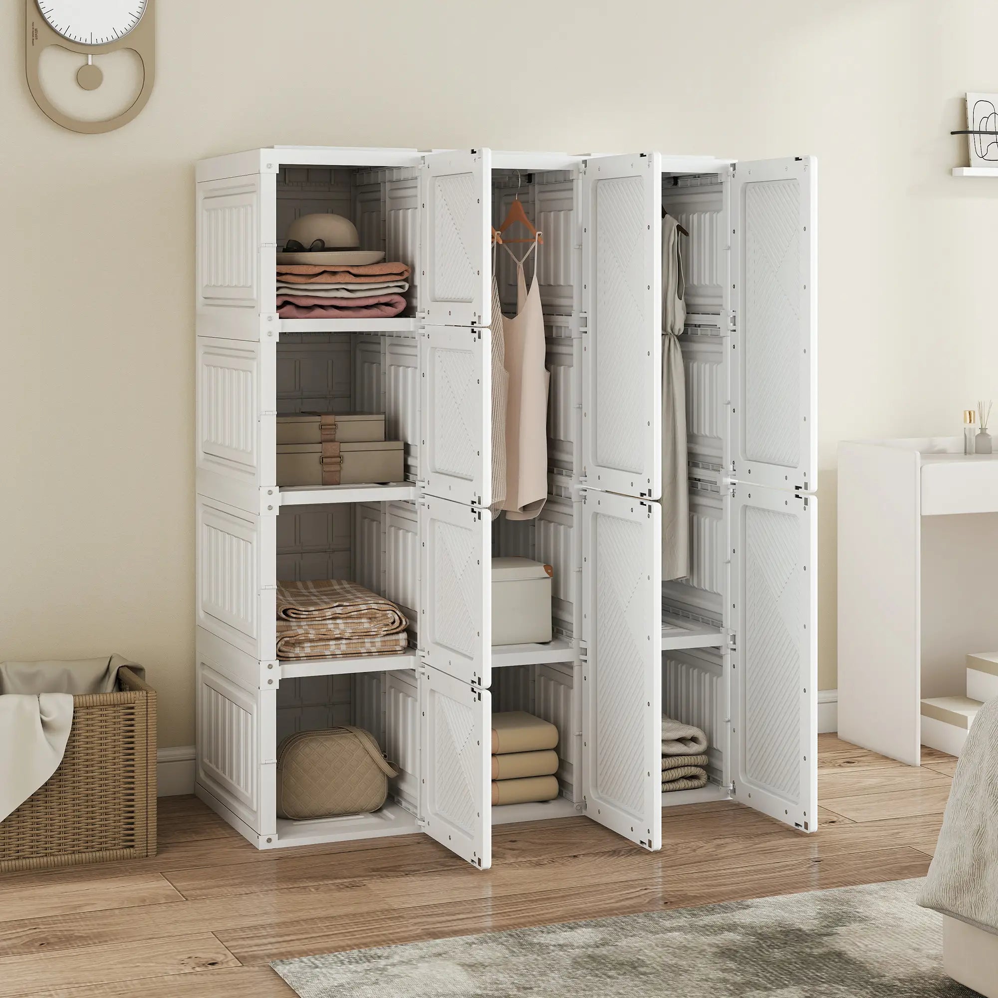 Portable Wardrobe, Foldable Plastic Closet, 8 Compartments, 2 Hanging Rods, White Clothing Storage at Gallery Canada