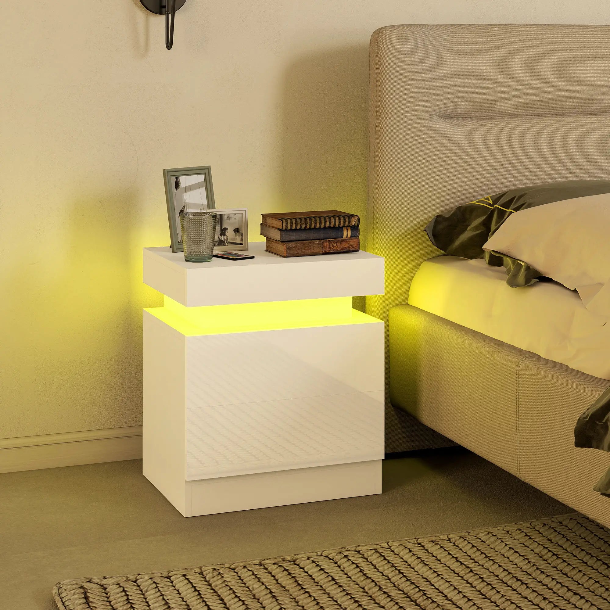 Nightstand Set of 2, LED Lights, 2 Drawers, White Bedside Tables at Gallery Canada