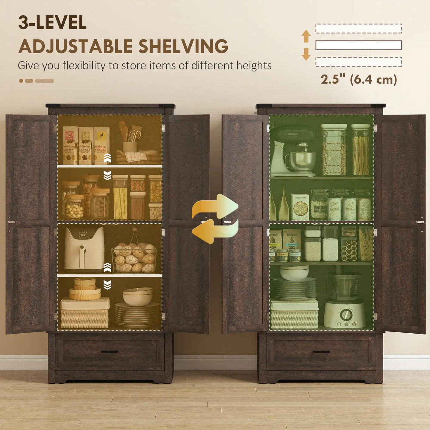 69" Tall Kitchen Pantry Cabinet, 2 Doors, Drawer, Adjustable Shelves, Dark Brown Kitchen Pantry Cabinets at Gallery Canada
