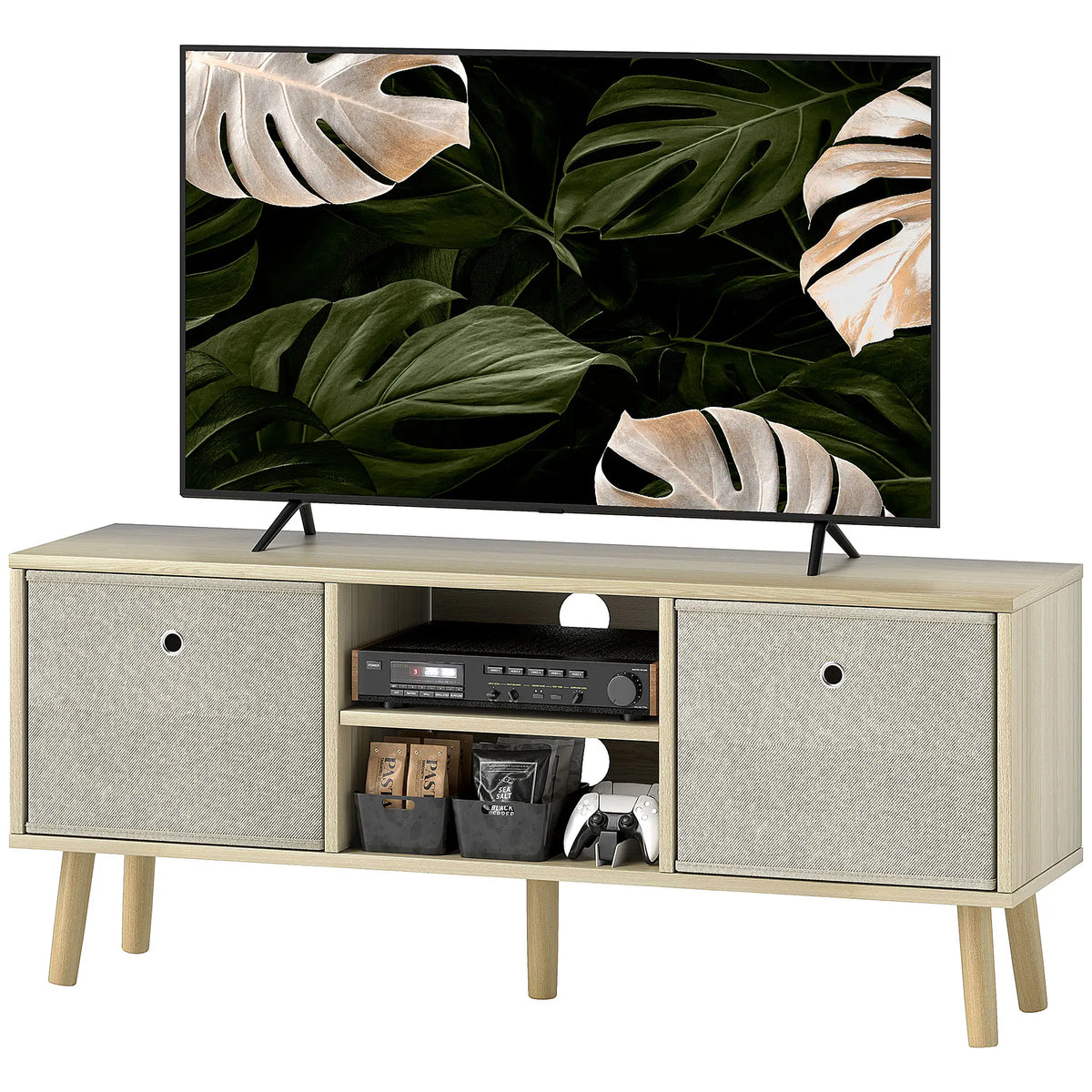 Modern TV Stand, Foldable Drawers, Shelves, Natural TV Stands Natural Wood, Beige at Gallery Canada