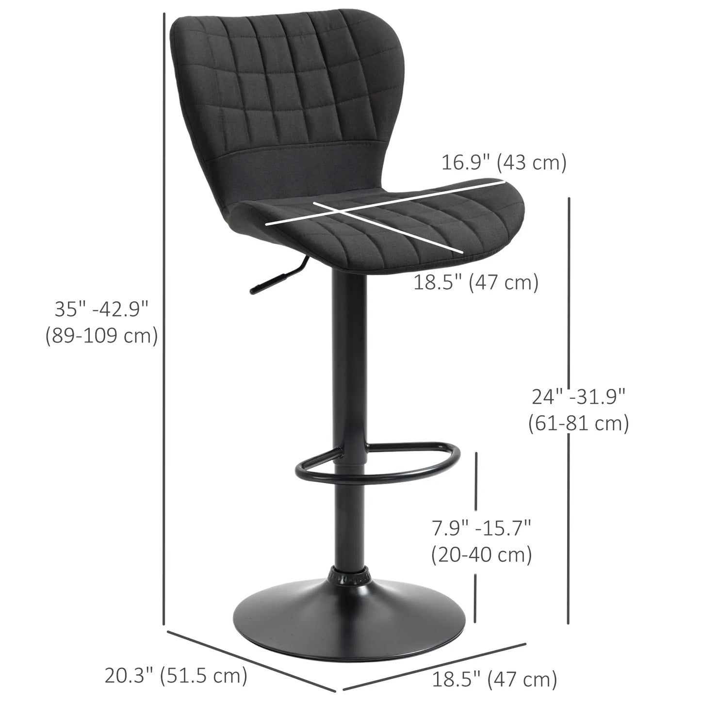 Adjustable Swivel Bar Stools Set of 2, Linen Fabric, Wide Seat, Black Bar Stools at Gallery Canada