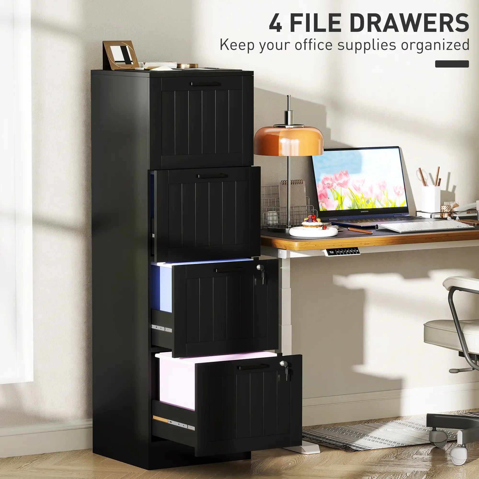 4 Drawer Filing Cabinet with Lock, Adjustable Hanging Bars, Black Office Cabinets & Cupboards at Gallery Canada