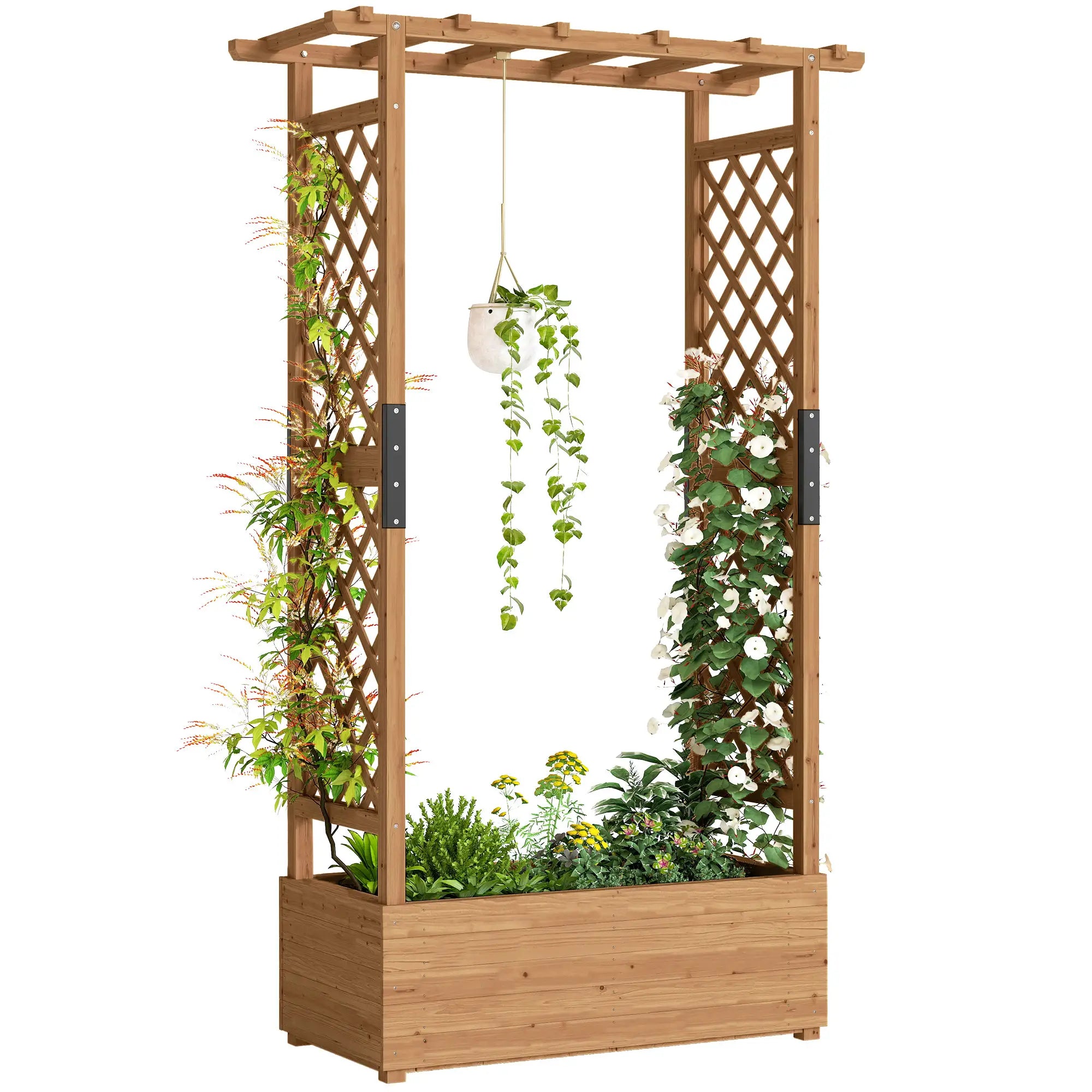 Wooden Raised Garden Bed with Trellis and Hanging Roof, Orange Wooden Planter Boxes at Gallery Canada