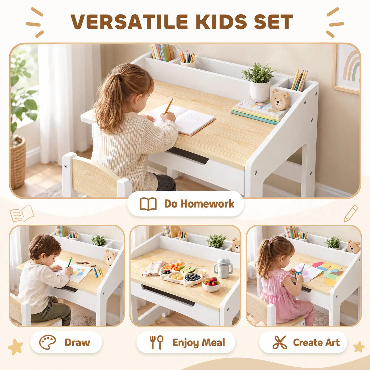 Kids Table and Chair Set, Study Desk with Shelf, White, White Kids Table Sets at Gallery Canada