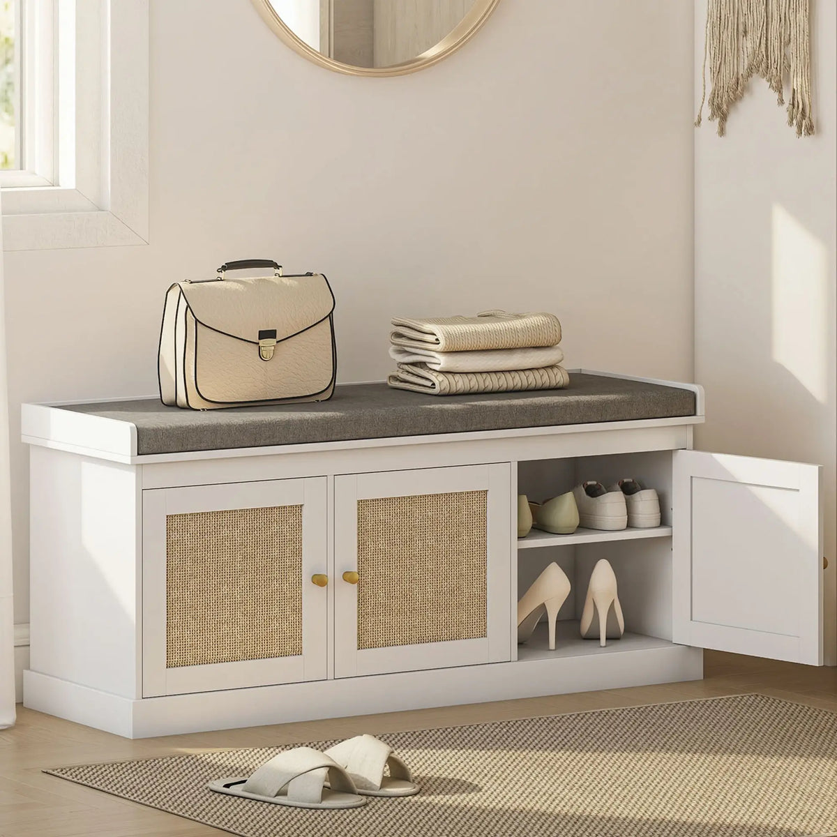Shoe Storage Bench, Woven Rattan Doors, Adjustable Shelves, White Shoe Storage Cabinets & Racks at Gallery Canada
