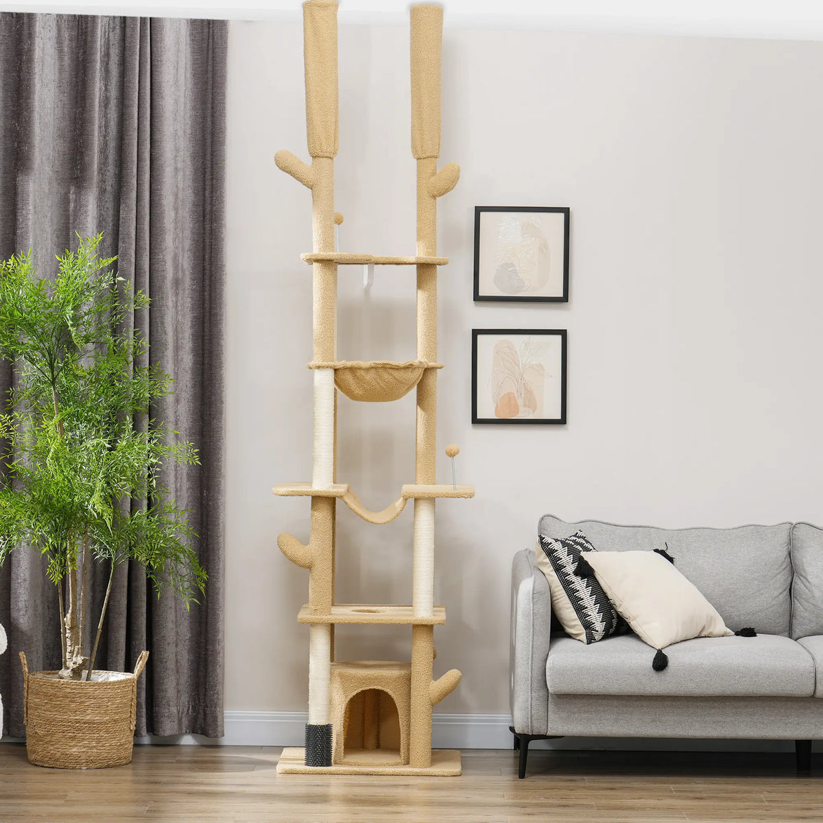 89"-100" Cat Tree Tower for Large Cats, Scratching Posts, Grooming Brush, Brown Floor to Ceiling Cat Trees at Gallery Canada