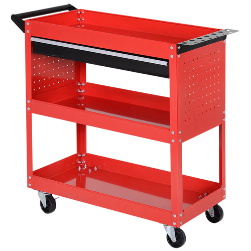 Tool Cart on Wheels, Ball Bearing Drawer, Storage Trays, Red