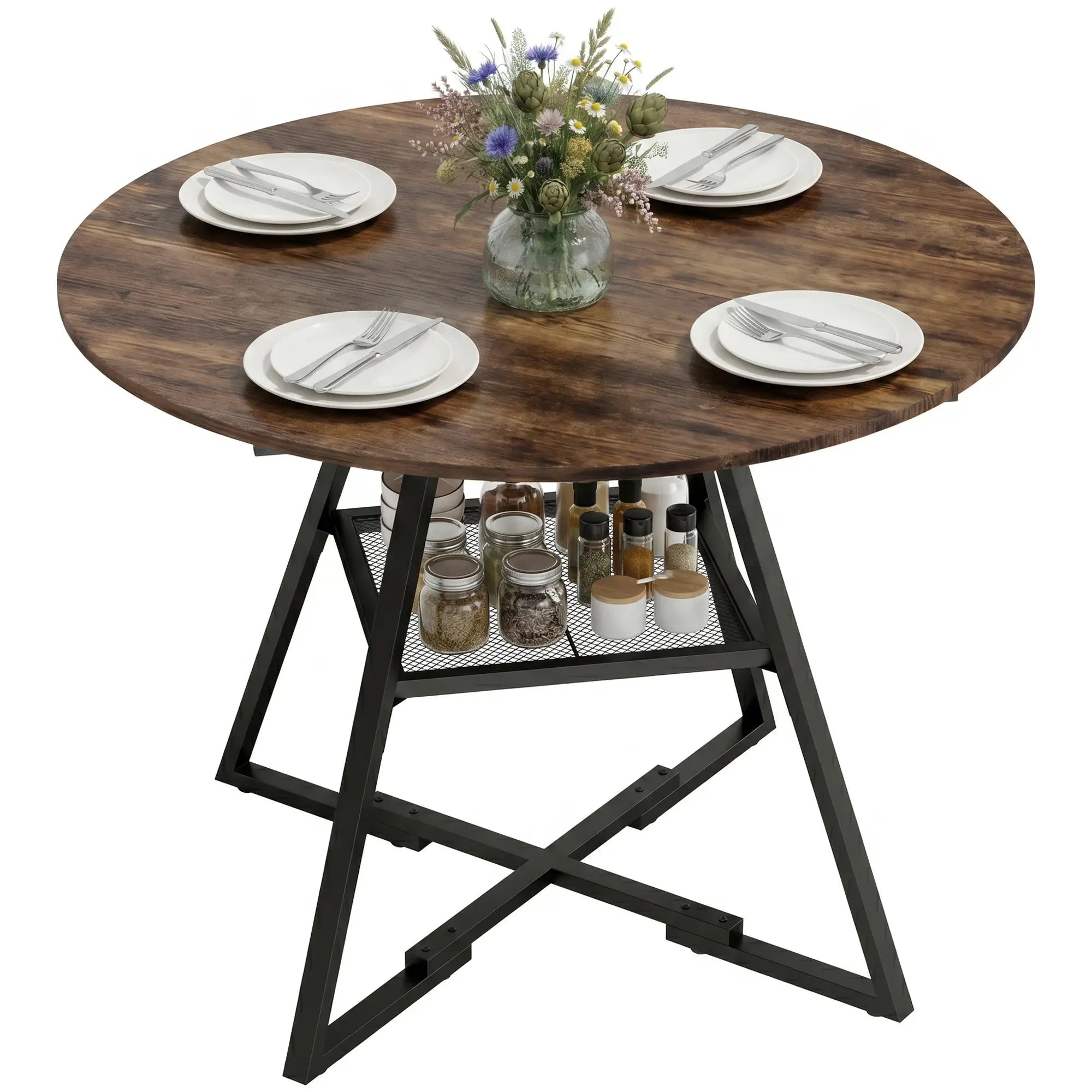 39.4 Inch Round Dining Table For 4, Metal Storage Shelf, Rustic Brown Dining Tables at Gallery Canada