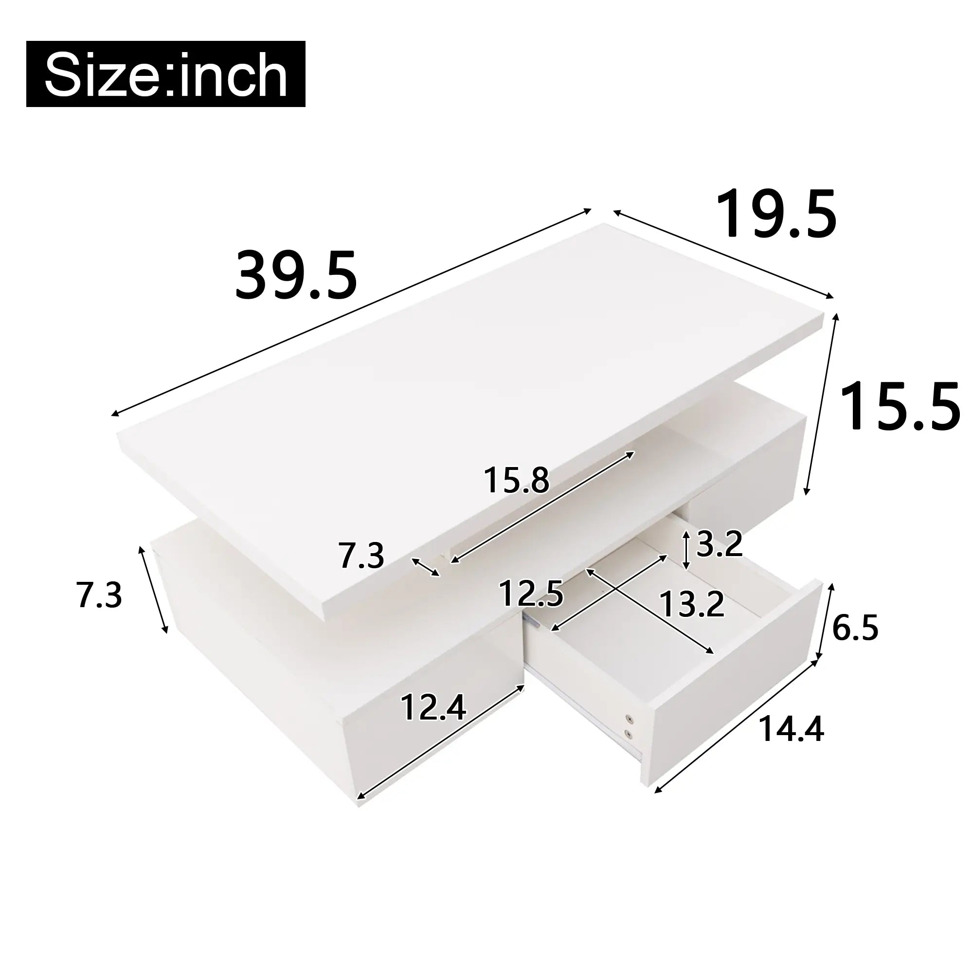 High-Gloss Coffee Table, Hidden Drawer, 39.5