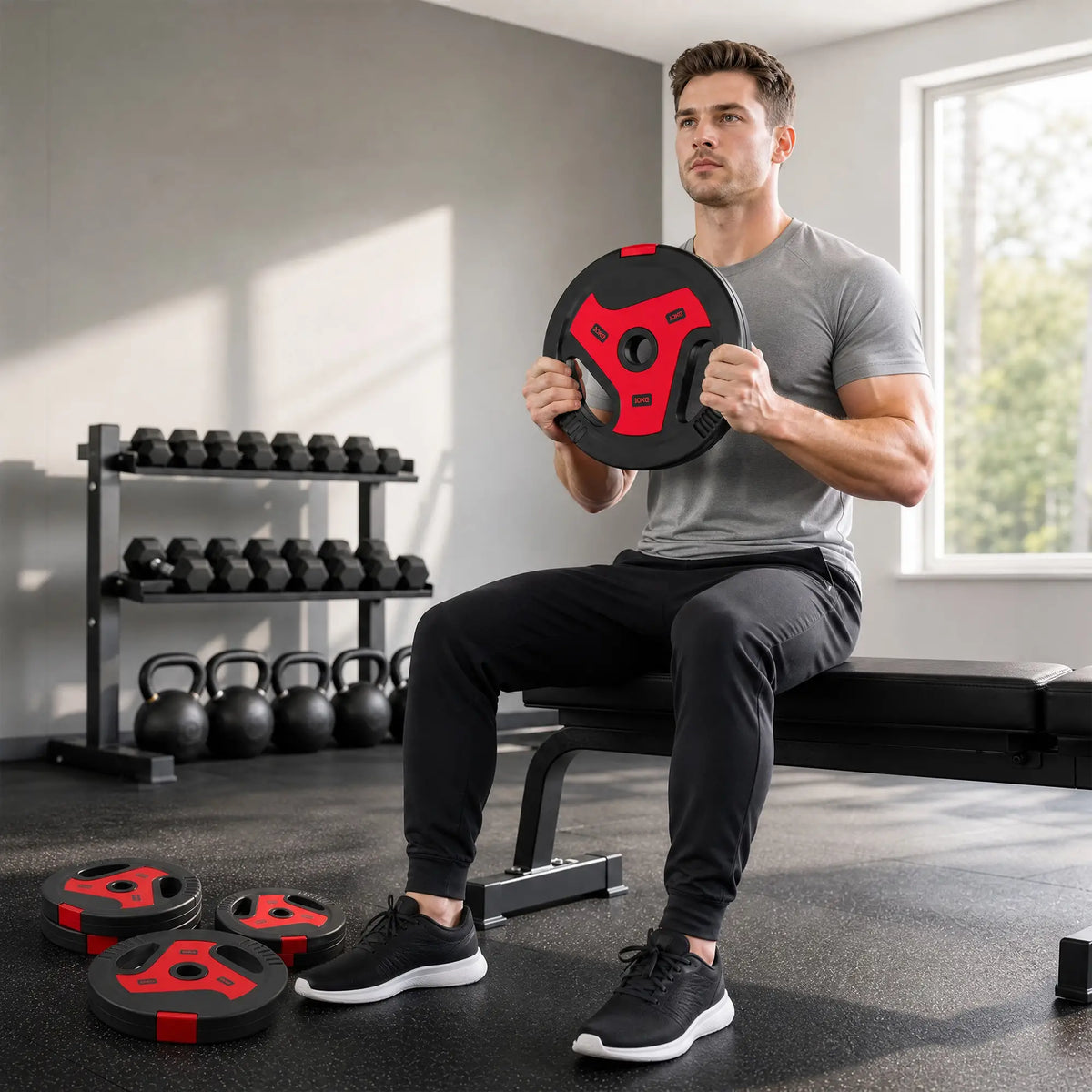 6-Piece 88 lbs Weight Plates Set, Sand-Filled, Black and Red Dumbbells & Barbells at Gallery Canada