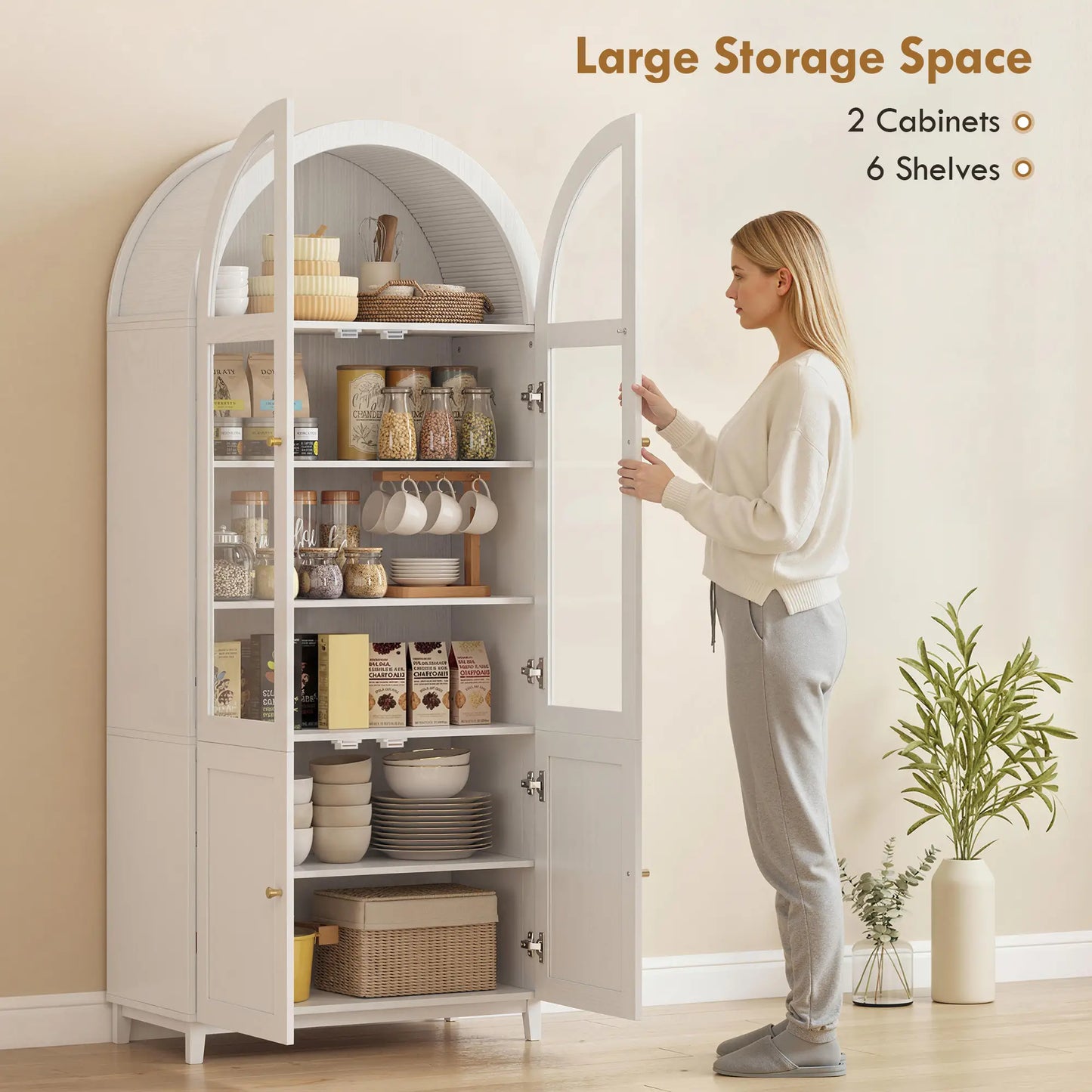 Arched Pantry Cabinet, 71" Tall, Acrylic Glass Doors, White Kitchen Pantry Cabinets at Gallery Canada